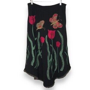 Ilyse Hart Ltd Black Embroidered Floral Skirt Curved Fringe Hem Womens Size 10